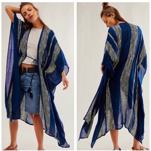 Free People Sweaters - Free People Emerald Coast Blue Striped Kaftan Kimono Drawstring Tassel One Size